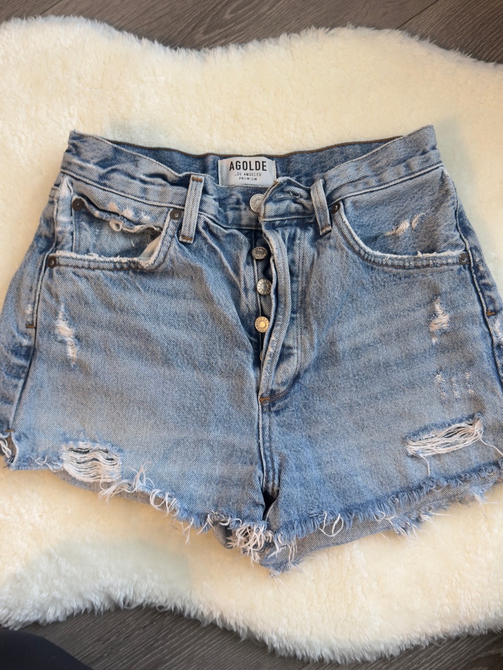 AGOLDE High Waisted Light Blue Distressed Denim Shorts 25